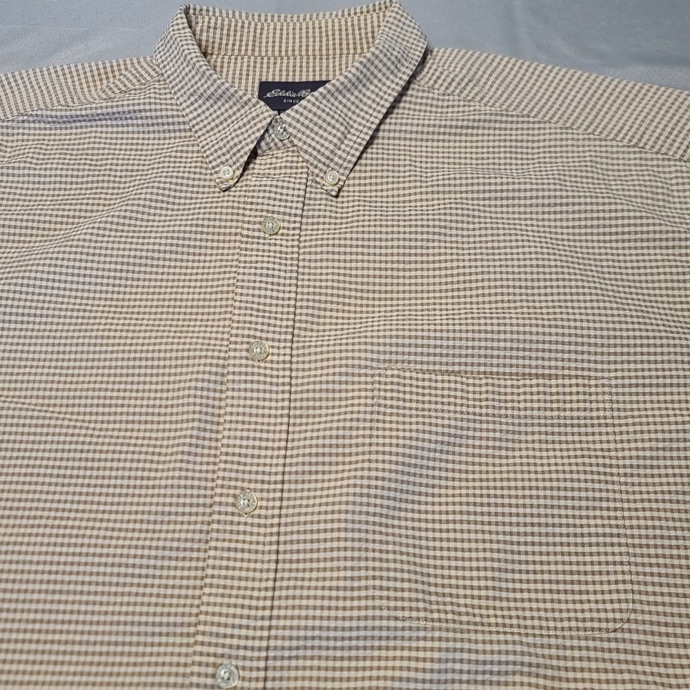 Eddie Bauer Button Down Shirt‎ Mens XXL Tan Gingham Short Sleeve Cotton Classic